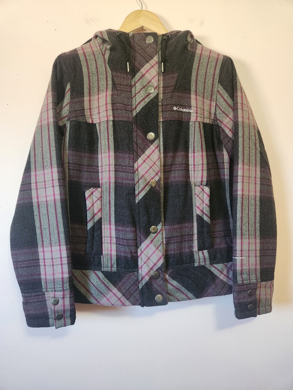 Columbia Omni-Shield Water Repellent Plaid Hooded Jacket Pink Grey Size L EUC